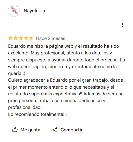 Screenshot of a five-star Google review from Nayeli_rh about Glukkies, thanking Eduardo for the website design work.