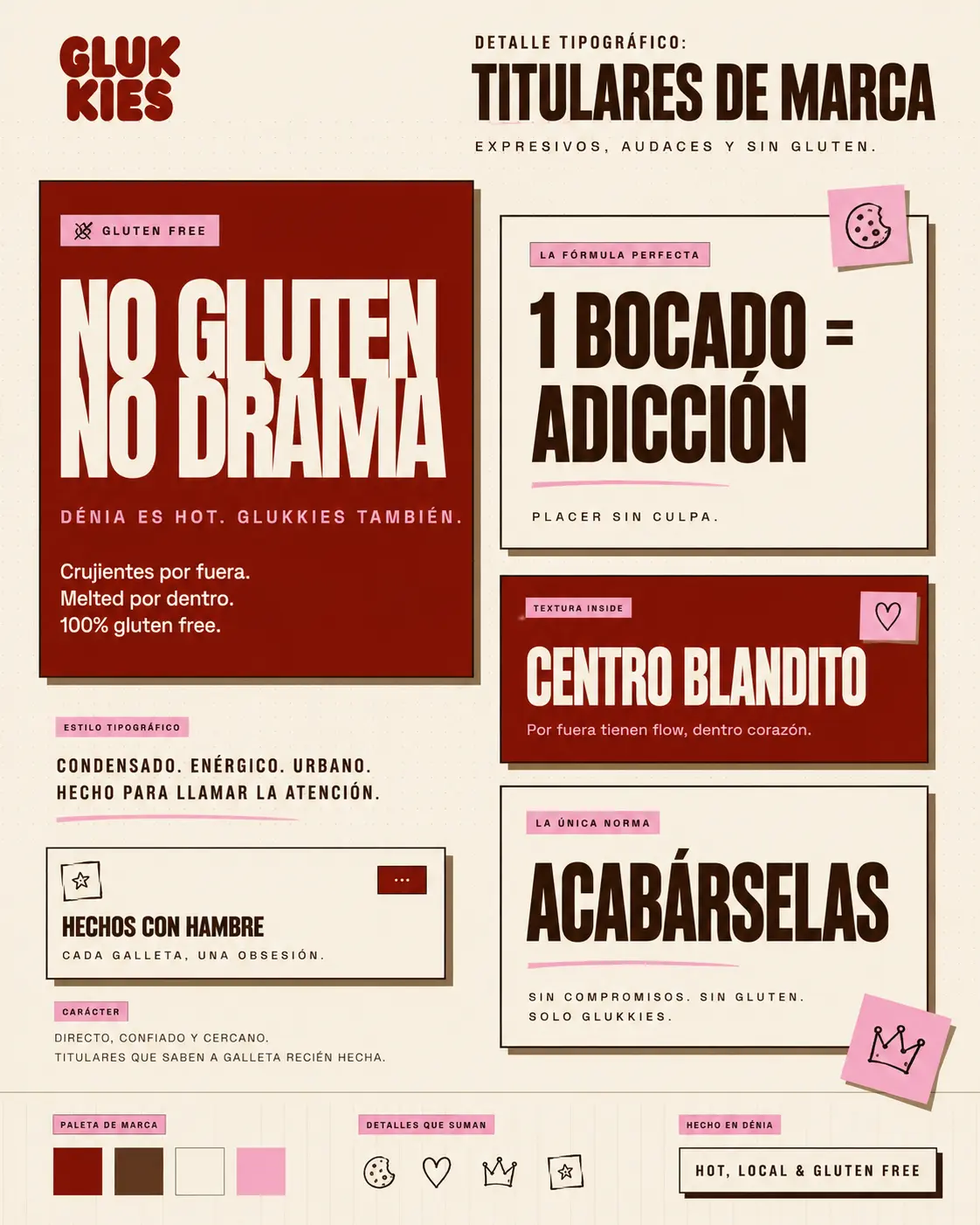 Glukkies typographic panel with the headlines No gluten no drama, 1 bite = addiction, Soft center, and The only rule: finish the box, alongside the brand palette.