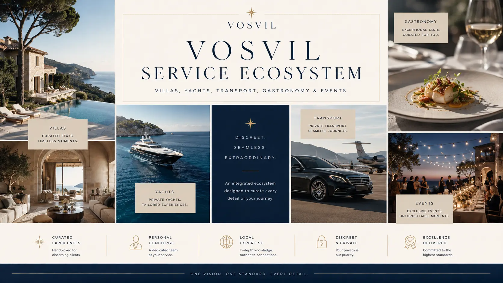 Collage of Vosvil's service ecosystem: villas, boats, private transport, dining, and events.