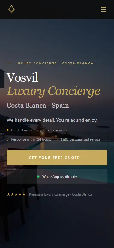 Mobile view of Vosvil's homepage with the value proposition, main call to action, and direct WhatsApp access.